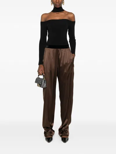 Tom Ford Brown Pants With Elastic Waist And Logo Lettering In Stretch Silk For Women In Brown