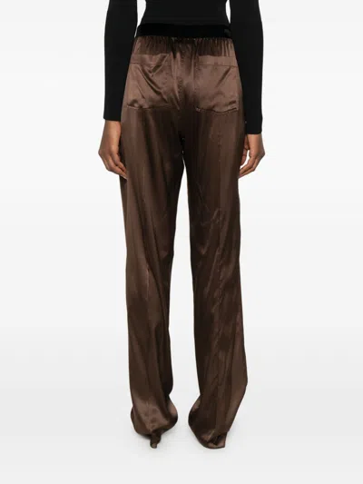 Tom Ford Brown Pants With Elastic Waist And Logo Lettering In Stretch Silk For Women In Brown