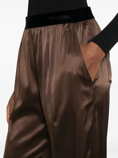 Tom Ford Brown Pants With Elastic Waist And Logo Lettering In Stretch Silk For Women In Brown