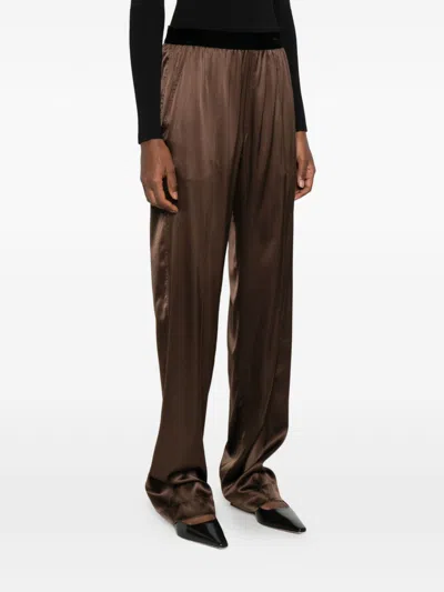 Tom Ford Brown Pants With Elastic Waist And Logo Lettering In Stretch Silk For Women In Brown