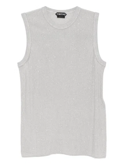 Tom Ford Sequined Crew Neck Sleeveless Ribbed Top In Gray