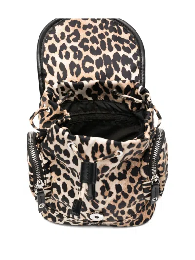 Ganni Mini Leopard Print Drawstring Backpack With Side Zip Pockets In Brown