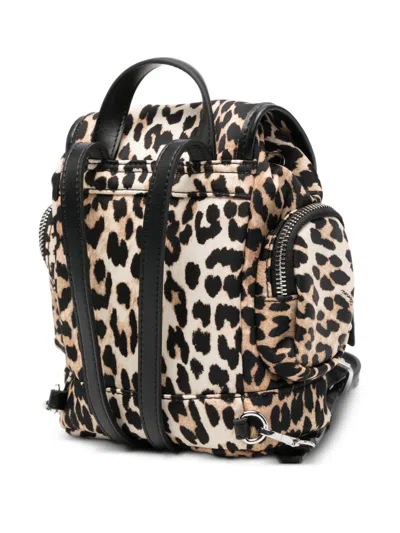 Ganni Mini Leopard Print Drawstring Backpack With Side Zip Pockets In Brown