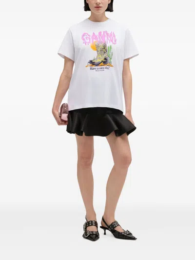 Ganni Graphic Print Relaxed Fit Short Sleeve Top In White