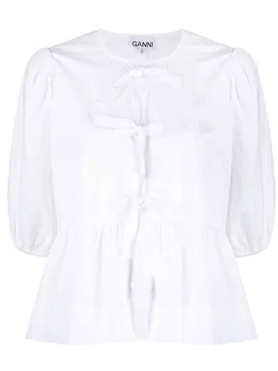 Ganni Poplin Front-tie Peplum Blouse With Puffed-sleeves In White