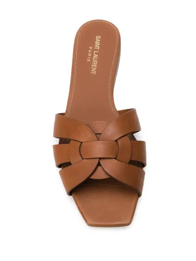 Saint Laurent Tribute Woven Leather Flat Sandals In Brown