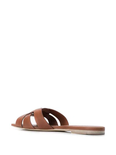 Saint Laurent Tribute Woven Leather Flat Sandals In Brown