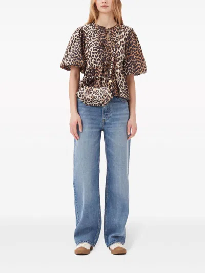 Ganni Tan Leopard Cotton Poplin Peplum Tie Blouse In Black