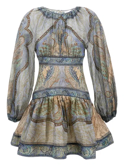 Zimmermann Wanderlust Multicolor Crewneck Mini Dress With Puffed Long Sleeves And All-over Print In Cotton And  In Multi