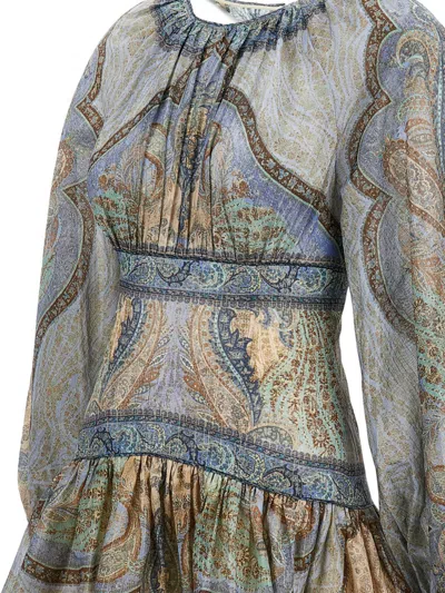 Zimmermann Wanderlust Multicolor Crewneck Mini Dress With Puffed Long Sleeves And All-over Print In Cotton And  In Multi