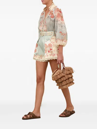 Zimmermann Daylight Multicolor Shorts With Belt On The Front And All-over Floral Motif In Linen Woman In Blue