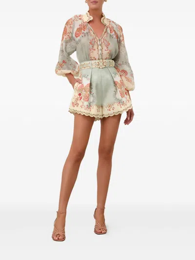 Zimmermann Daylight Multicolor Shorts With Belt On The Front And All-over Floral Motif In Linen Woman In Blue