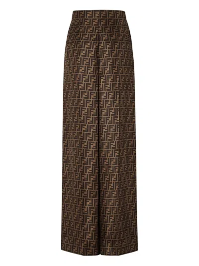 Fendi Ff-monogram Pleated Silk Trousers In Brown