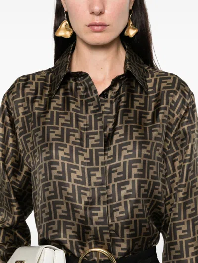 Fendi Silk Shirt With Curved Hem And Fabric-covered Buttons In Brown