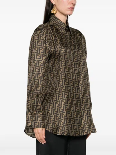 Fendi Silk Shirt With Curved Hem And Fabric-covered Buttons In Brown