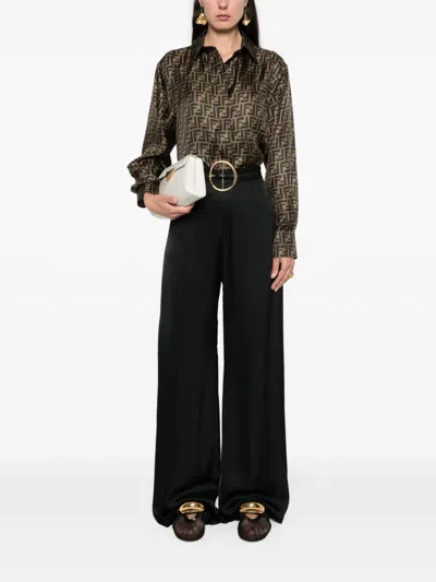 Fendi Silk Shirt With Curved Hem And Fabric-covered Buttons In Brown