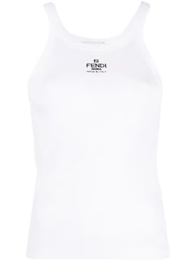 Fendi Women White Ribbed Tank Top With Contrasting Logo Embroidery In Stretch Cotton Woman