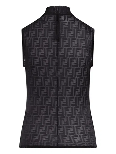 Fendi Women Black Crewneck Sleeveless Top With All-over Ff Motif And Rear Zip Closure In Tech Fabric