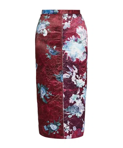 Erdem Floral-print Crinkled Duchesse-satin Midi Skirt In Burgundy