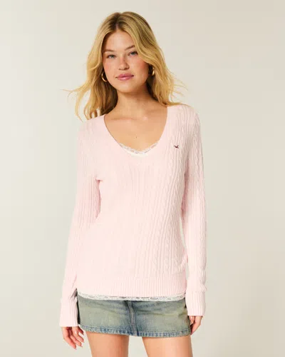 Hollister Cable-knit V-neck Icon Sweater In Pink