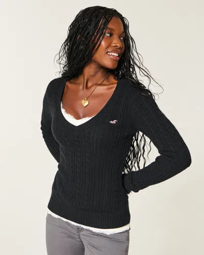 Hollister Cable-knit V-neck Icon Sweater In Black