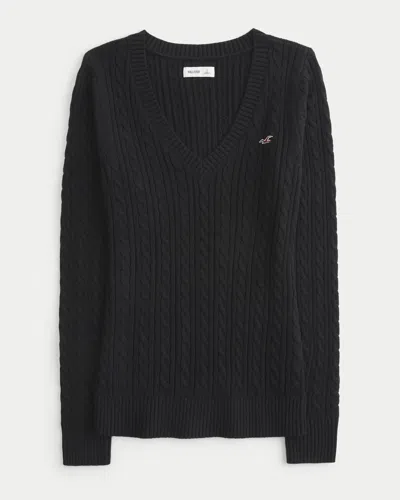 Hollister Cable-knit V-neck Icon Sweater In Black