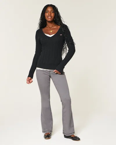 Hollister Cable-knit V-neck Icon Sweater In Black