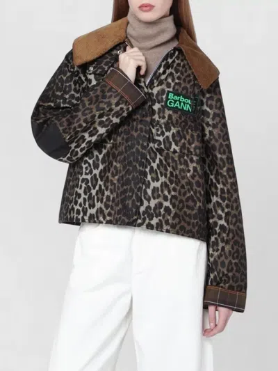 Barbour Brown Jacket With Oversized Collar And All-over Leopard Print In Waxed Cotton Woman In Animal Print