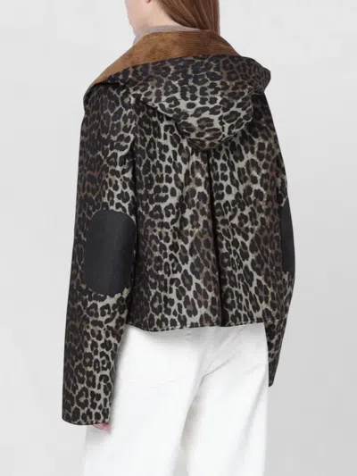 Barbour Brown Jacket With Oversized Collar And All-over Leopard Print In Waxed Cotton Woman In Animal Print