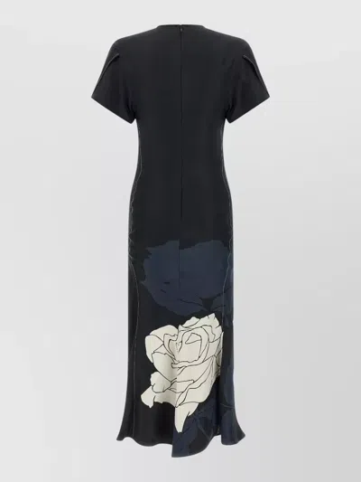 Victoria Beckham V Neck Midi Dress Ruched Floral In Blue