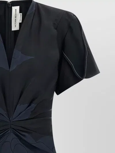 Victoria Beckham V Neck Midi Dress Ruched Floral In Blue