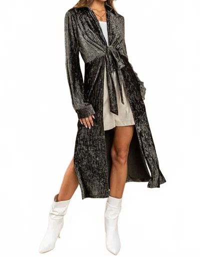 Ces Femme Mena Metallic Open Front Tie Long Duster In Olive Black In Black