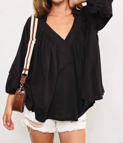 Mustard Seed Penny Puffed Sleeve Shirring Top In Black In Black