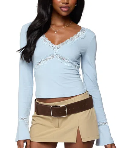 Edikted Mathilda Lacey Bell Sleeve Top In Blue