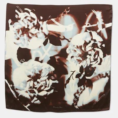 Pre-owned Dior Brown/blue Printed Satin Square Scarf