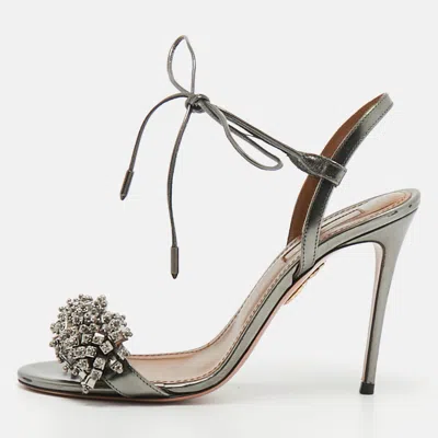 Pre-owned Aquazzura Wild Thing Size 36.5 Grey Leather Embellishment Ankle Strap Sandals In Gray