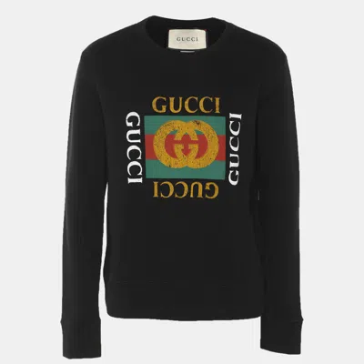 Pre-owned Gucci Black Vintage Logo Print Cotton Knit Distressed Sweatshirt S