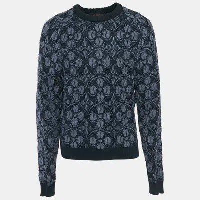 Pre-owned Louis Vuitton Navy Blue Wool Blend Flower Monogram Pullover L