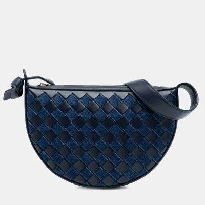 Pre-owned Bottega Veneta Blue Mini Leather And Denim Intrecciato Sunrise Hobo