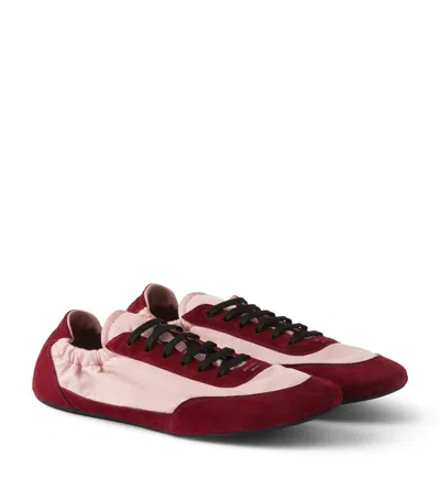 Prada Renylon Suede Collapse Sneakers Contrast Panels In Burgundy