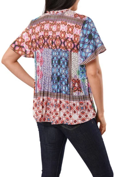 Sunny Leigh Ruffle Pleated Tie Neck Short Sleeve Top In Multi