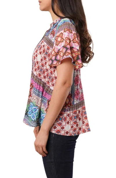 Sunny Leigh Ruffle Pleated Tie Neck Short Sleeve Top In Multi