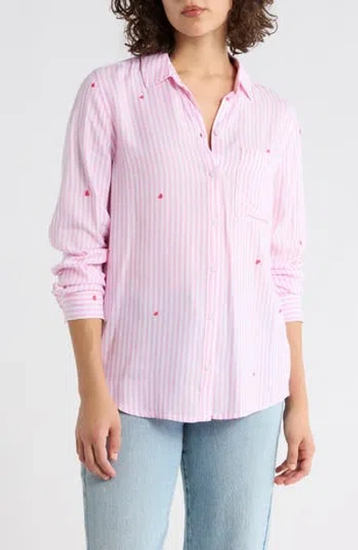 Beachlunchlounge Kaylee Heart Stripe Long Sleeve Button-up Shirt In Pink
