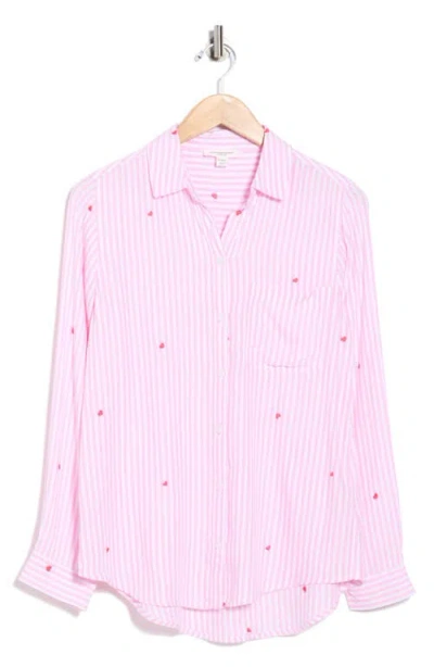 Beachlunchlounge Kaylee Heart Stripe Long Sleeve Button-up Shirt In Pink