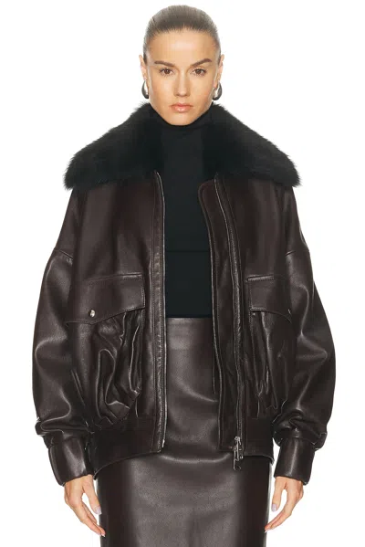 Khaite Daemon Oversized Leather Jacket With Shearling Collar In Brown