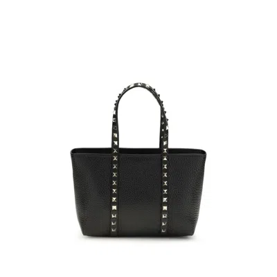 Valentino Garavani Rockstud Mini Tote In Hammered Leather In Black
