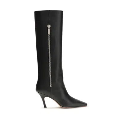 Amina Muaddi Black Calf Leather Bos Taurus High Heel Boots In Black