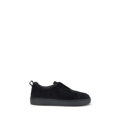Santoni Black Calf Leather Bos Taurus Low Top Sneakers In Black