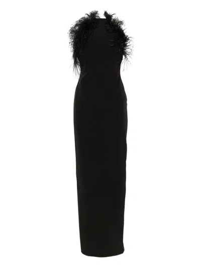 Attico Long Dress Cady Ostrich Feathers Detail In Brown
