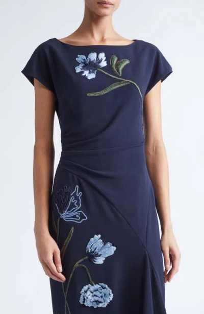 Lela Rose Floral Cord Embroidery Stretch Crepe Cascade Gown In Blue